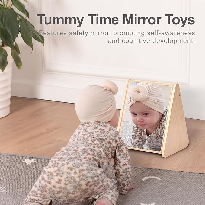 Baby Double-Sided Tummy Time Mirror w/ 2 Package High Contrast Visual Stimulation Cards, Sensory Activity Montessori Toys for 6 Months+ Boys Girls