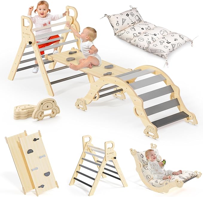 BlueWood Pikler Triangle Set with Cushion, 8-in-1 Climbing Toys for Toddlers, Montessori Philosophy Play Jungle Gym with Arch, Ramp, Ladder(Elegant Gray)