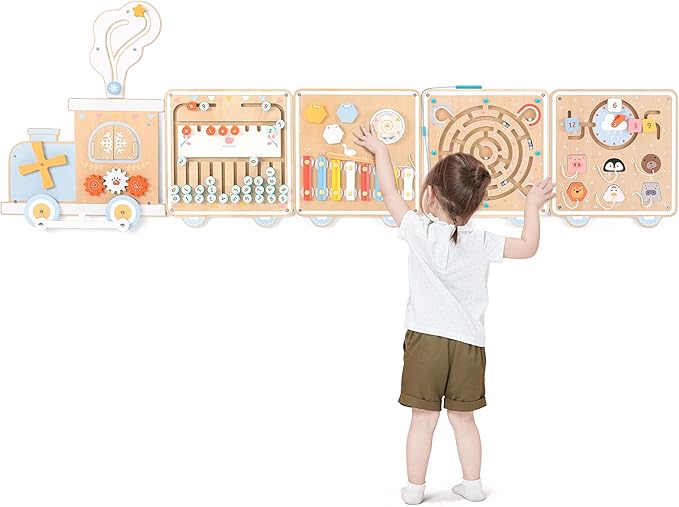 Pillowhale Train Activity Wall Busy Board, Wooden Montessori Sensory Toys, 12-in-1 Learning Activity Center for Playroom,Daycare, Nursery, Classroom, Educational Toys for Toddler