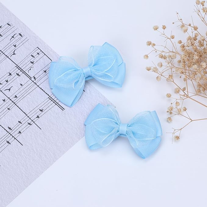 Tiny 3 Inch Organza Double Hair Bow Clips - Lined Boutique Alligator Hairpin for Baby Girls, Toddlers, and Little Teens - Kids Barrettes Set of 2 Small Stylish (Light Blue)