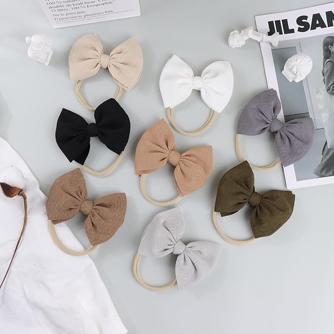 Big Bows Hairbands, 8 PCS Handmade Baby Girl Headbands with Bows, Stretchy Nylon Newborn Toddler Hairbands, Tan
