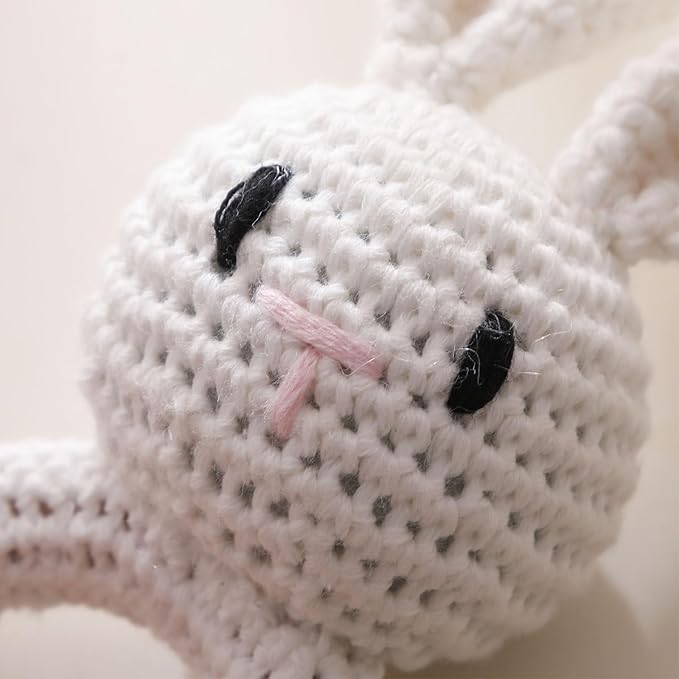 Wooden Baby Rattle，Crochet Bunny Rattle with Wood Ring, Newborn Wooden Animal Rattle Toy，Infant White Bunny Wood Rattle Toys