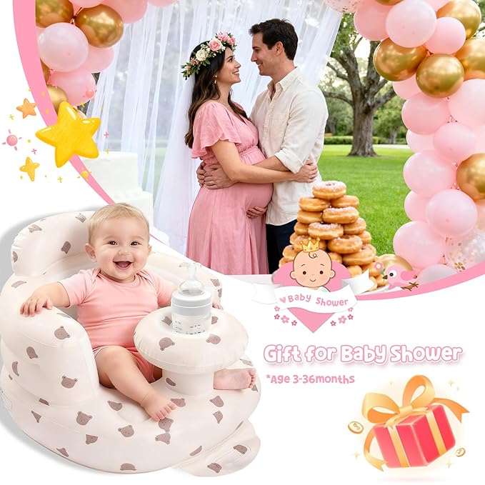 Arscniek Inflatable Baby Seat Built in Air Pump, Blow Up Baby Chair with Back Support and Tray, Sit Me Up Floor Seat for Babies 3-36 Months, Portable Infant Chairs for Indoor and Outdoor - Bear Head