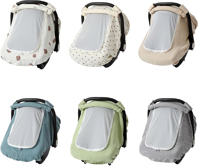 Yuly Baby Car Seat Cover - Stretchy Canopy with Breathable Mesh - Universal Fit - Beige Cotton, Mesh - Not Water Resistant