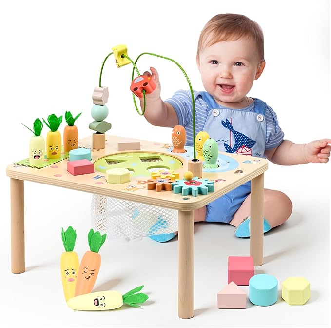 WINGYZ Activity Table, 6 in 1 Wooden Montessori Activity Center with Bead Maze Shape Sorter Fishing Game, Kids Sensory Play Table Toddler Toys 1st Birthday Gifts Boy Girl(Morandi)