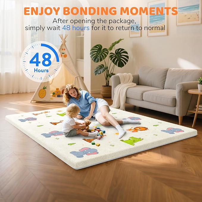 Omzer Baby Play Mat for Floor - 1.3" Thick Foam 65x50 Inch Playpen Mats with Removable & Washable Cover for Tummy Time, Soft Coral Velvet & Non-Slip Crawling Pad for Babies, Toddlers, Infants - Beige