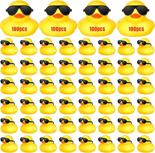 Chivao 100 Pcs Rubber Ducks with Sunglasses in Bulk Mini Yellow Rubber Duck Gifts Squeak Bath Float Bathtub Toys for Cruise Gift Exchange Birthday Party Supplies