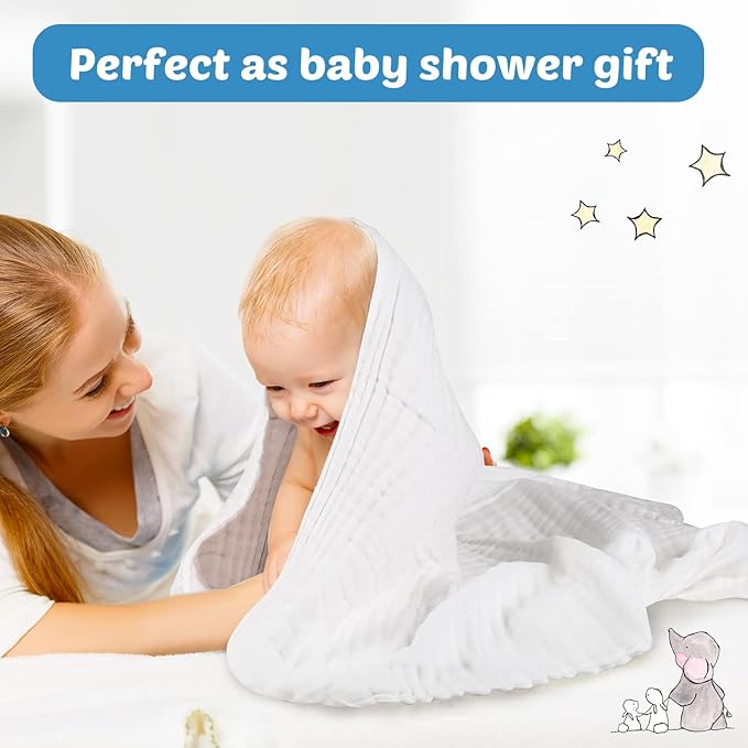 Chumia 6 Pack Baby Muslin Bath Towels Set – Large 43.3x43.3 Inch 6 Layers Soft Cotton Breathable Quick Dry Swaddle Blankets for Newborns, Infants, Toddlers (Multicolor)