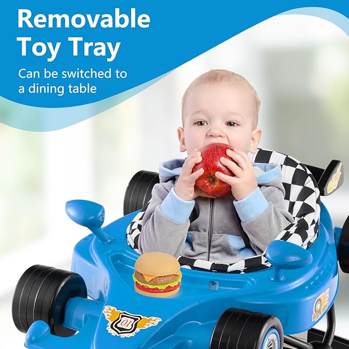 INFANS Foldable Baby Walker, 3 in 1 Toddler Activity Center Leaning-Seated Walk-Behind with Steering Wheel, Adjustable Height, Lights, Music, Washable Seat Cushion (Blue)