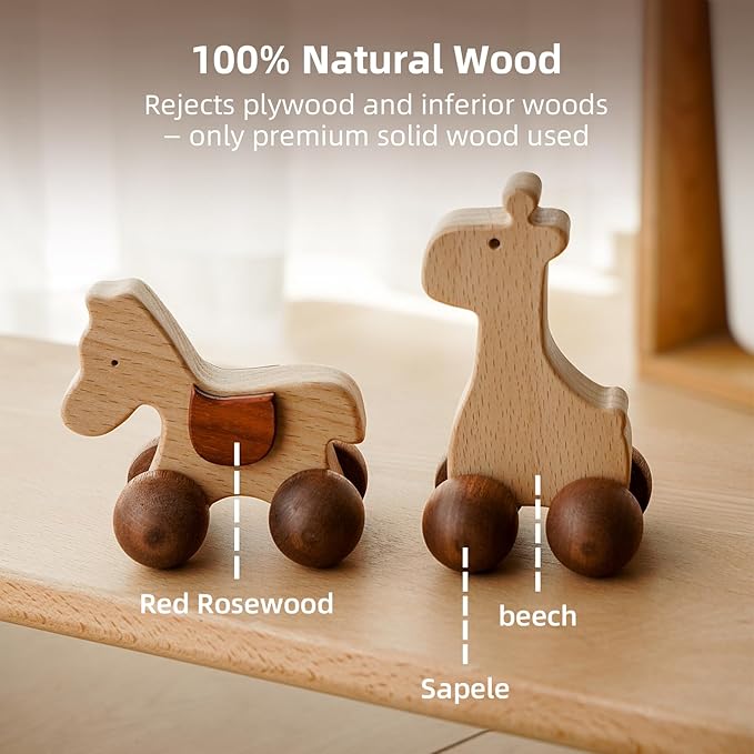Wooden Animal Push Car Set, 4PCS Solid Hardwood Toy Vehicles for Toddlers & Kids 3+ | Natural Wood Animal Cars (Puppy, Elephant, Pony, Giraffe) | No Paint, Hand-Sanded, Gift-Ready