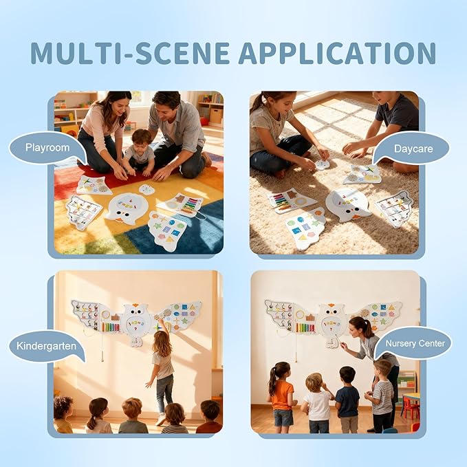 HONEY JOY Owl Activity Wall Busy Board Panels, Wooden Sensory Wall Panel for Kids, Toddler Learning Activity Center, Ideal for Playroom Daycare Nursery Classroom Dentist Office (White)