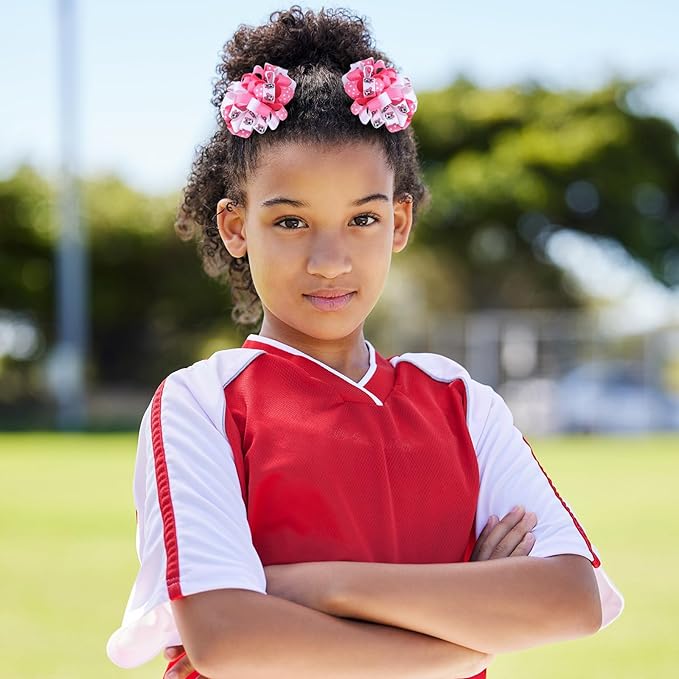 Soccer Korker Cheer Bows Hair Clips Girls 4pc Cute Pink & White Football Sport Curly Corker Ribbon Alligator Barrettes Game Day Accessories Soccer Moms Kids Player Birthday Gift
