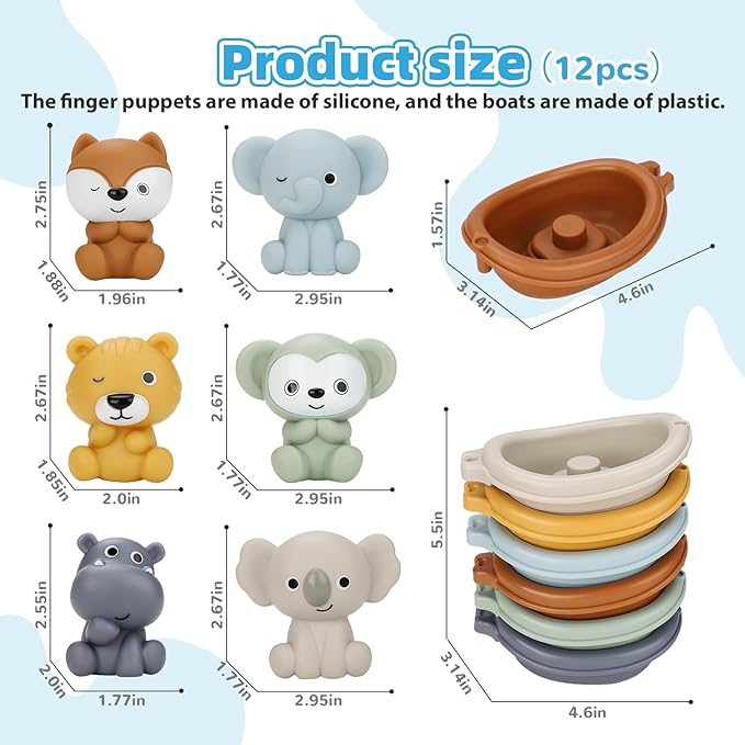 Bath Toys Float Boats for Kids Ages 18M+,Stackable Floaty Boat,Animal Finger Puppets,Toddler Toys Gifts for 2-4 Year Old Baby Gifts Valentines Easter Basket