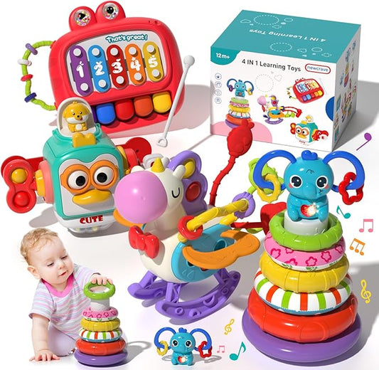 newcrave 4 in 1 Baby Toys for 6-12-18 Months, Infant Sensory & Stacking for 1+ Year Old, Busy Cube Toys for Babies 6-12 Months, Piano Xylophone Musical Travel Toys, Christmas Birthday Gifts for 1-2