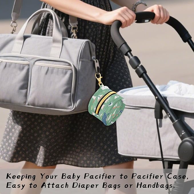 Pacifier Holder with Clip Pacifier Case for Diaper Bag Round Baby Pacifier Pouch Box Bag Portable Green Sailboat and Anchor 01