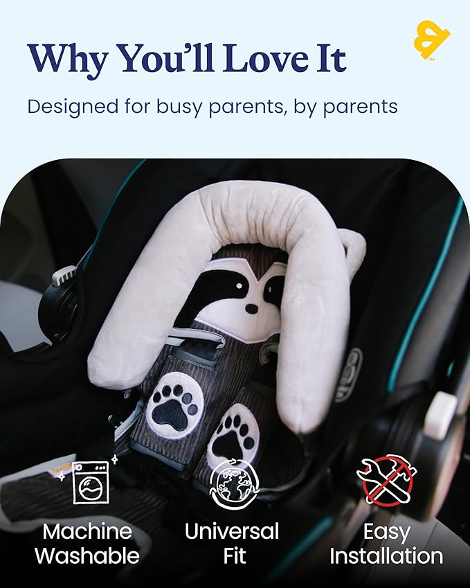 GoldBug Deluxe 2-in-1 Duo Head Support + Matching Strap Covers for Baby and Infant Car Seats - Raccoon