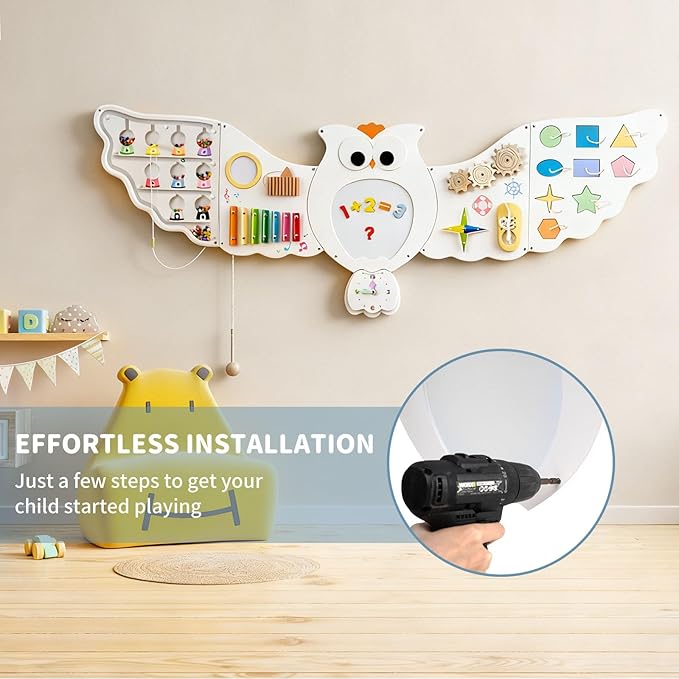 HONEY JOY Owl Activity Wall Busy Board Panels, Wooden Sensory Wall Panel for Kids, Toddler Learning Activity Center, Ideal for Playroom Daycare Nursery Classroom Dentist Office (White)