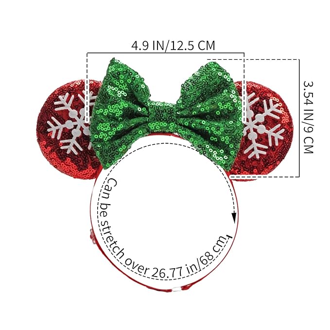 Christmas Red&Green Bow Adjustable Mouse Ears Headband, Elastic Hair Bow Hairband for Infant Toddlers Teens Baby Girls