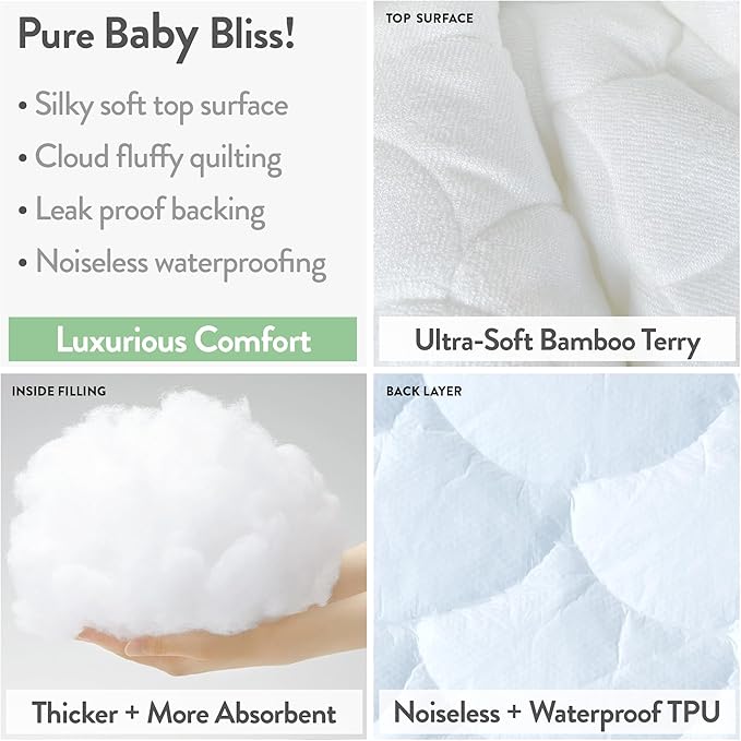 Joey + Joan Waterproof Bassinet Mattress Pad Cover Compatible with Chicco Lullago Anywhere Bassinet – 2 Pack Quilted Mattress Protector Made from Ultra Soft Bamboo Viscose Terry – 14" x 30"