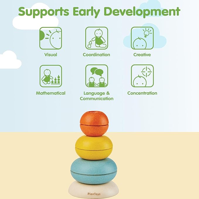 PlanToys® Stacking Cups Ring Wooden Montessori Size and Colour Sorting Toy | Fine Motor, Early Math and Coordination Development | Eco Friendly Educational Activity for Toddlers