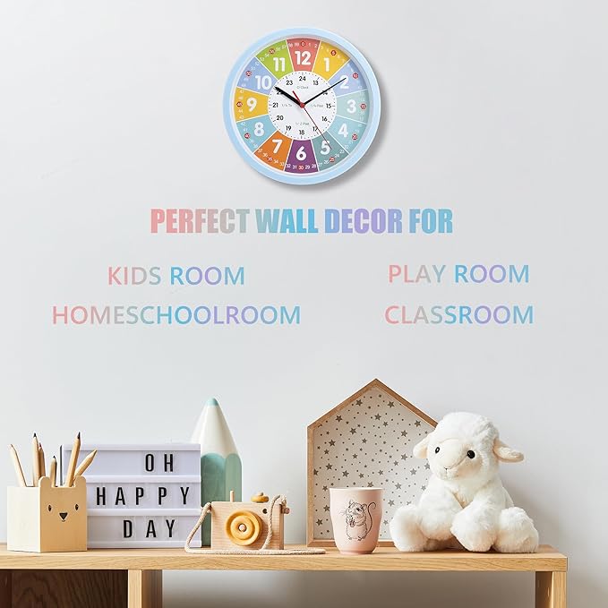 Learning Clock for Kids – Silent Classroom Clock Telling The Time Teaching Toddler Boys Analog for Kid's Room Classroom School Playroom, Blue