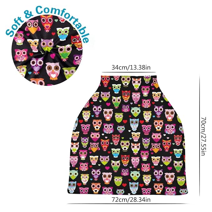 Cute Colourfull Owl Baby Car Seat Covers, Nursing Cover Breastfeeding Scarf Soft Breathable Stretchy Coverage, Infant Stroller Cover for Boys Girls