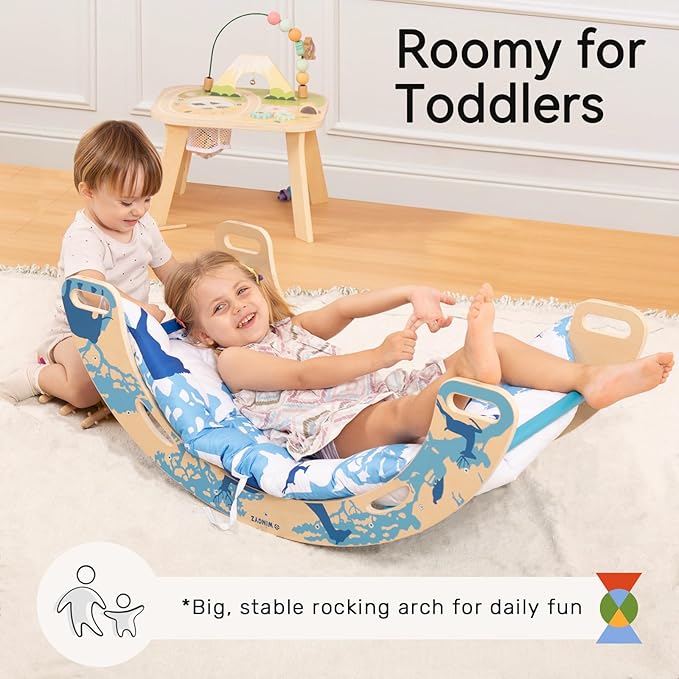 WINGYZ Pikler Triangle Set, Montessori Foldable 8-in-1 Jungle Gym with Reversible Animal Slide, Patent-Protected Climbing Set, Safe 2.35" Gap ASTM F963 Standards for Toddlers 18 Months-7 Years (Blue)