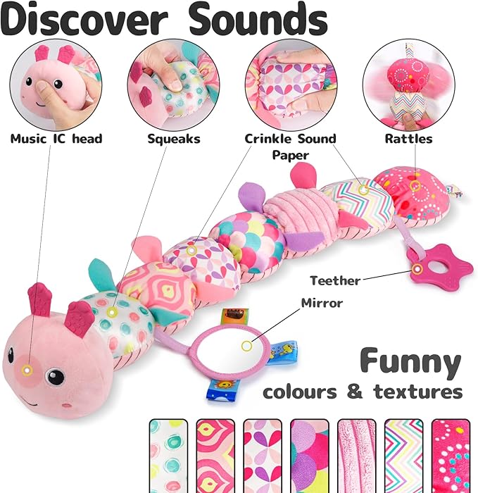 Sumobaby Infant Baby Musical Stuffed Animal Activity Soft Toys with Multi-Sensory Crinkle, Rattle and Textures, for Tummy Time 0-3-6-12 Months Girls, Caterpillar, Pink with Mirrow