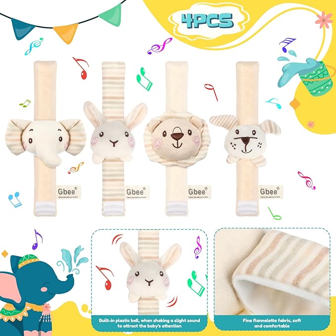 4 Pieces Baby Wrist Rattles Animal Pattern Newborn Rattle Foot Rattles Toy for Babies Boy Girl Infant Birthday Gifts Educational Toys, 4 Designs (Rabbit Dog Lion Elephant)