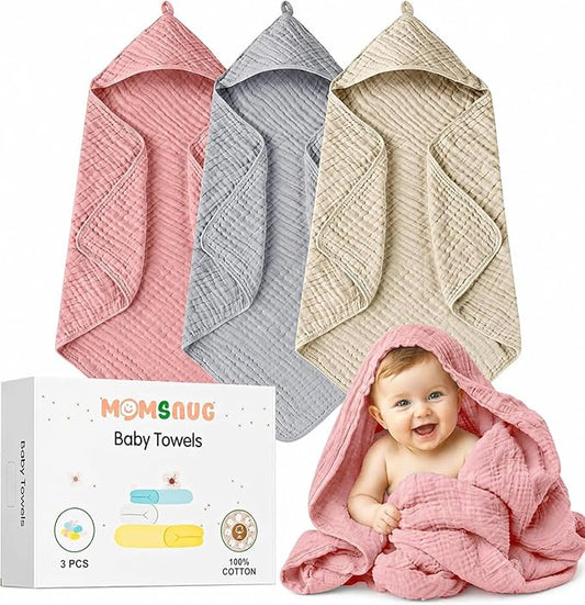 Muslin Bath Towel Baby 3 Pack, Hooded Baby Towels for Girl Boy, Muslin Cotton Baby Bath Towel with Hood for Babies, Infant, Toddler and Kids Newborn Essential (35 X 35 Inch) (Rose + Grey + Apricot)