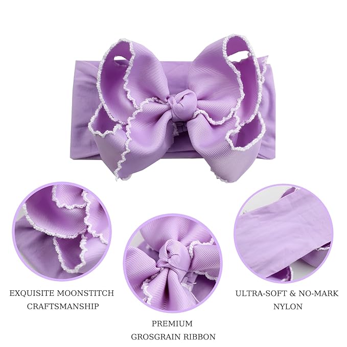 6'' Jumbo Purple Baby Girls Bow Headbands, Handmade Grosgrain Moonstitch Boutique Baby Headwraps, Super Stretchy Soft Nylon Headbands for Newborns, Infants & Toddlers
