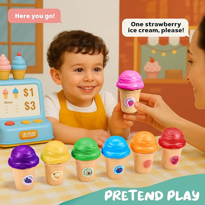 JoyCat Ice Cream Toy Set for Toddlers 1-5, Color Sorting & Stacking Toys, Pretend Play Food for Boy Girls Kids, Educational Fine Motor Skills Gift (7 Cones 7 Scoops 1 Bucket)