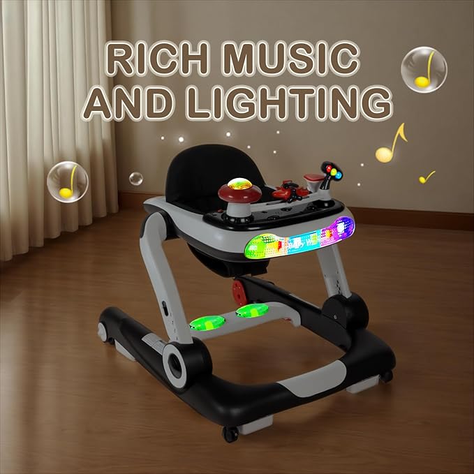 Kinder King Baby Walker with Music & Lights, 5 in 1 Baby Activity Walker with Wheel, Adjustable Height & Seat, Learning-Seated & Toddler Walk-Behind, Safety Bumper, Infant Walker Anti-Rollover, Black