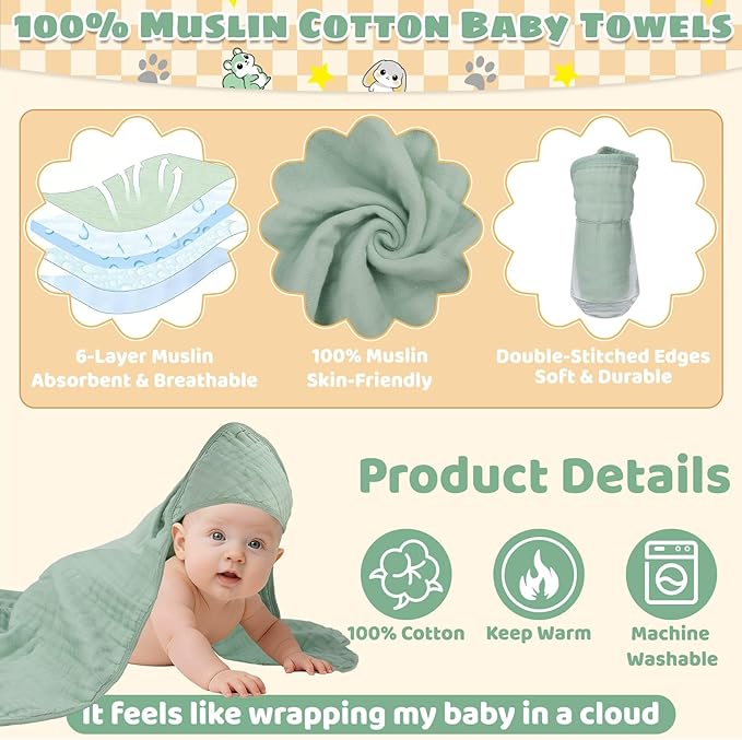 Flasoo 6 Pcs Muslin Hooded Baby Bath Towels Sets - 2 Pack 100% Cotton Baby Towel & 4 Pack Muslin Washclothes- 32x32Inch Baby Towels Cotton for Babies, Infants, Toddlers, 100% Cotton, Bath Essentials
