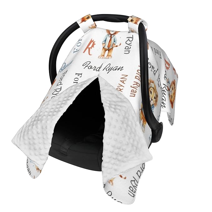 Personalized Baby Car Seat Canopy Minky Lion Baby Blanket Custom Name Baby Car Seat Cover Girls Boys Infant Newborn Carseat Canopy Nursing Cover for Stroller Car Seat Canopies