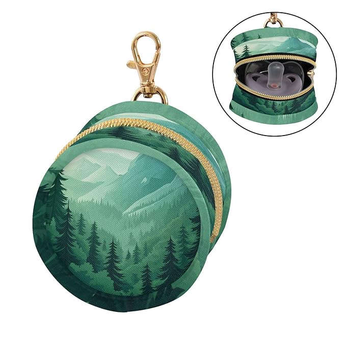Pacifier Holder with Clip Pacifier Case for Diaper Bag Round Baby Pacifier Pouch Box Bag Portable Mountain Forest Trees Green 02