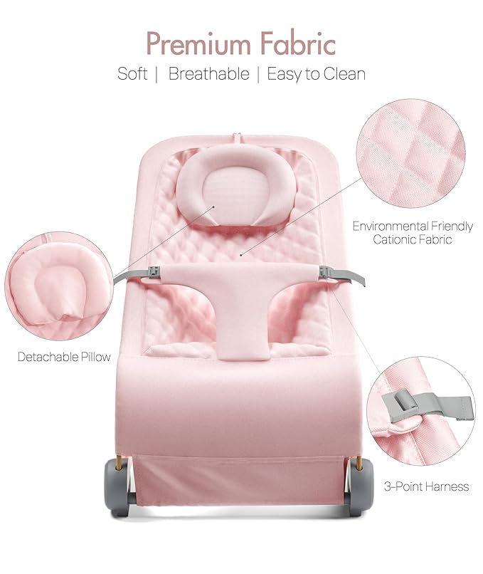 Fodoss Baby Bouncer, Ergonomic Design Bouncer Chair, Portable Baby Bouncer Seat for Infants, Bouncer for Babies 0-12 Month-Pink