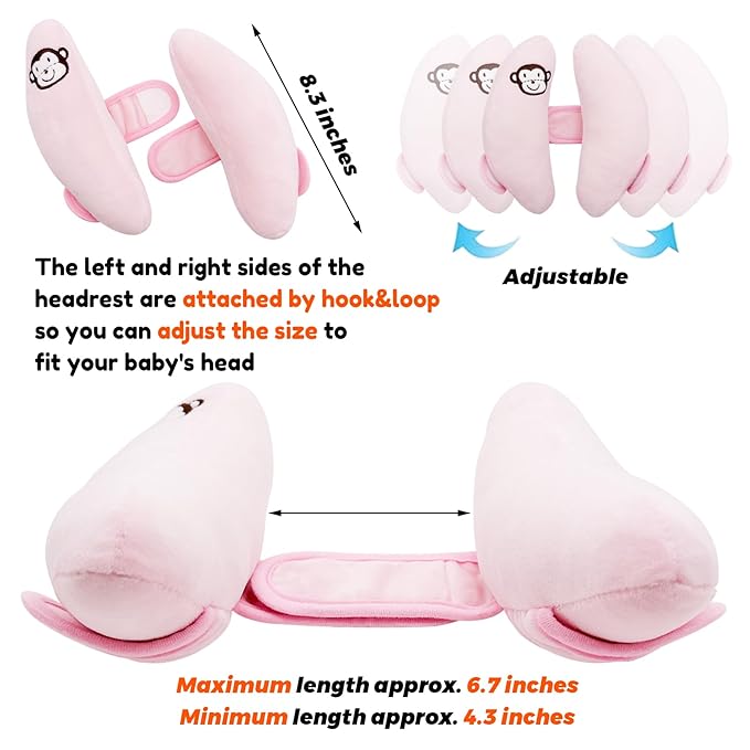 Baby Head Neck Support Pillow,Adjustable Baby Car Seat Head Neck Support,Portable Travel Pillow Cushion for Car Seat,Stroller Headrest Pillow,U-Shape Neck Support Pillow for Infants,Light Pink