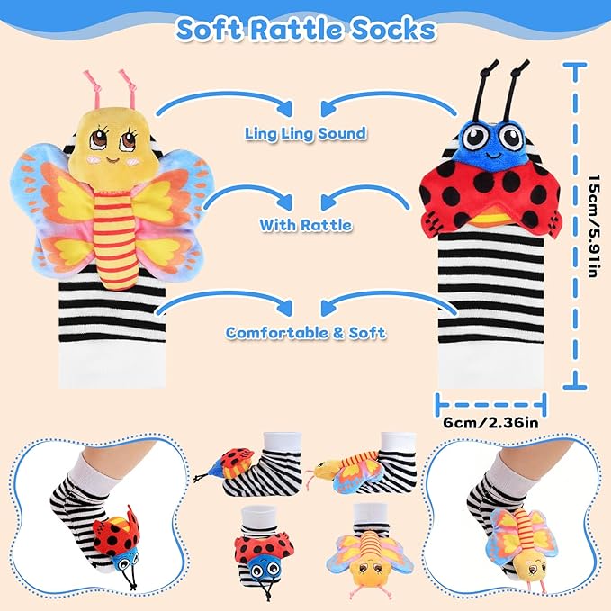 Baby Sensory Toys 0-6 Months, Socks and Foot Finder Set with Sounds for Babies 6-12 Months, Wrist Rattles for Babies 0-12 Months, Newborn Essentials Toy, Toddler Baby Boy Girl Shower Gifts