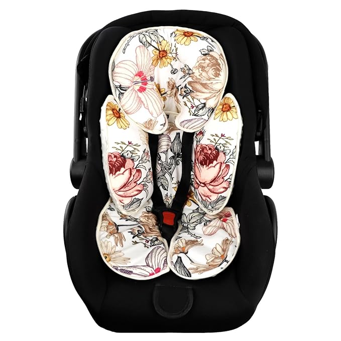 Floral Baby Car Seat Head and Body Support,2-in-1 Reversible CarSeat Insert,Soft Cushion for Carseat, Stroller, Swing, Bouncer, Vintage Flowers