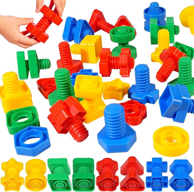 Bbiamsleep 40 Pcs Plastic Nuts and Bolts for Kids Fine Motor Skills Nuts and Bolts Toys Shapes Color Matching Toys for Sorting Counting Training Preschoolers(Random)