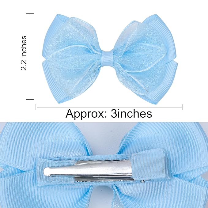 Tiny 3 Inch Organza Double Hair Bow Clips - Lined Boutique Alligator Hairpin for Baby Girls, Toddlers, and Little Teens - Kids Barrettes Set of 2 Small Stylish (Light Blue)