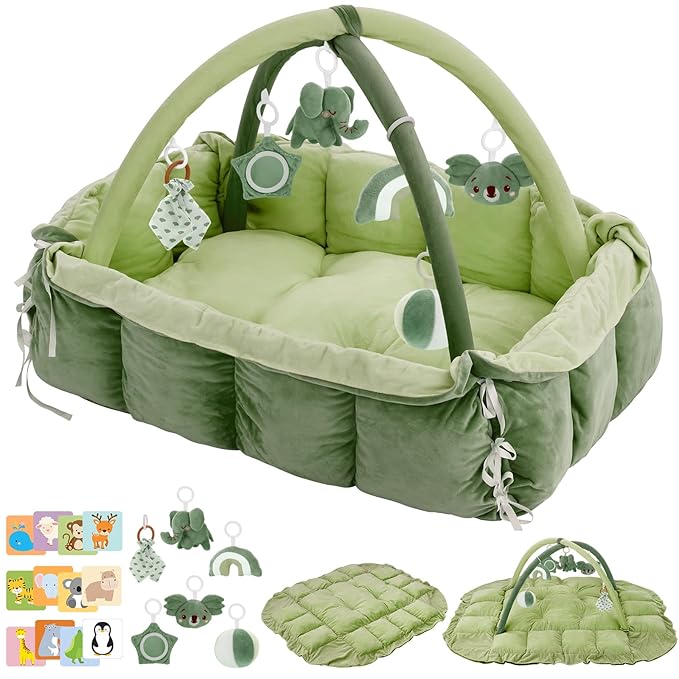 5-in-1 Baby Play Gym and Tummy Time Mat, 12 Learning Cards, Plush Activity Mat with 6 Toys, Convertible to Ball Pit, Baby Gift, Green
