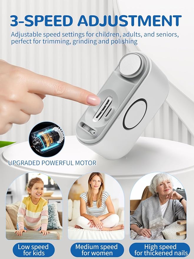 ONEDONE Electric Nail Clipper - 3-in-1 Rechargeable Baby Nail Trimmer Electric Nail File with Dual Blades 3 Speeds Fingernail Grinder Safe for Baby Women Seniors w/Ingrown Toenail Clippers