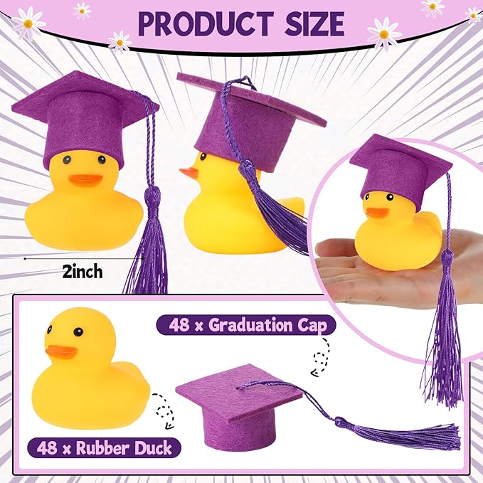 Jerify 48 Pcs Graduation Rubber Ducks with Grad Cap 2026 Diploma Grad Rubber Duck Graduation Party Bath Pool with Storage Bag for Student Gifts Party Favor(Purple)