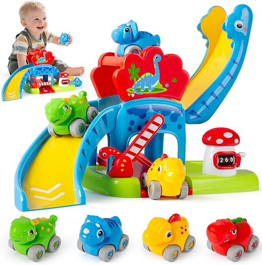 Dinosaur Car Ramp Toy for Toddlers 1-3, Drop & Go Ramp Racer with 4 Mini Cars, Educational Toy for 1 2 Year Old Boys Girls, First Birthday Gift
