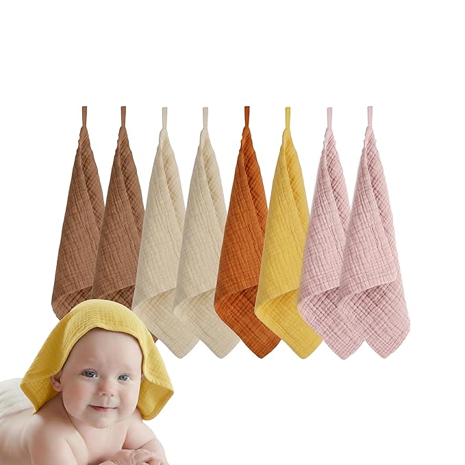 Muslin Baby Washcloths for Newborns, Pack of 8, 11"x11", Super Soft Cotton, Absorbent and Gentle, Baby Cotton Wipes, Baby wash Cloths