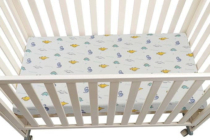 Onacosht Muslin Mini Crib Sheets, 39" x 27" Pack and Play Mattress Sheets Fitted for Pack N Play, Soft Cotton for Boys Girls, 2 Pack, Dinosaur and Light Green