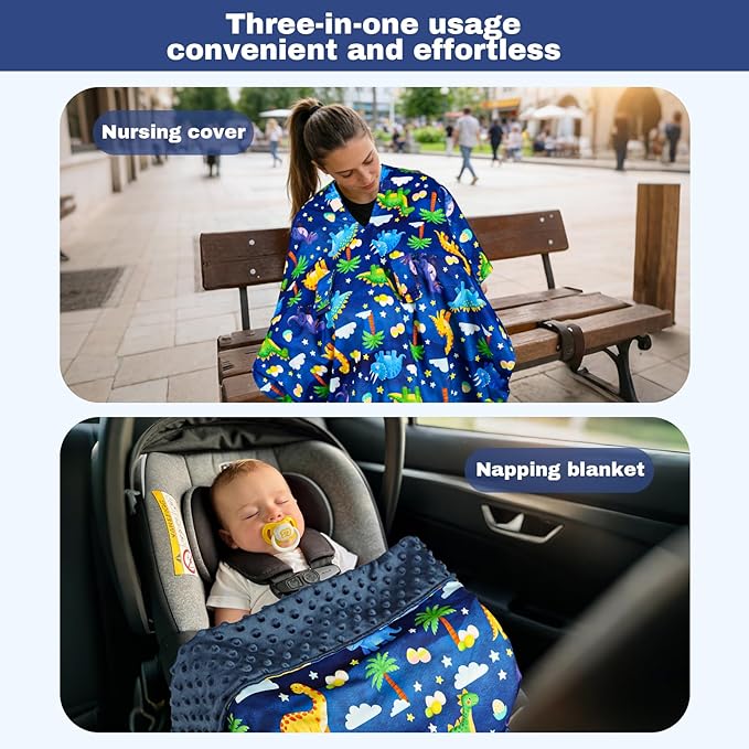 Hooyax Peekaboo Car Seat Cover for Baby Boy - Warm Minky Carseat Canopy with Adjustable Opening, Universal Fit for Infant Car Seats & Strollers, Soft Nursing Cover & Blanket (Dinosaur)