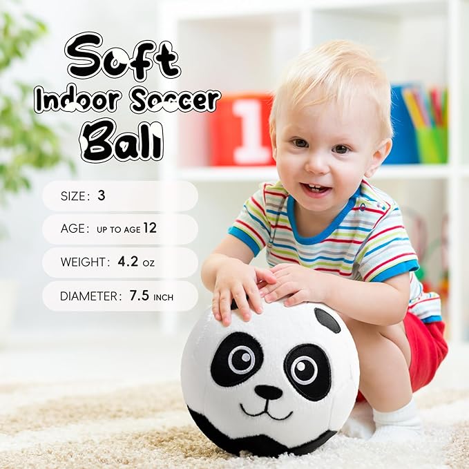 VangeBow Silent Indoor Soccer Balls for Toddlers 1-3, Inflatable Soft Plush Baby Toddler Soccer Ball Toys Gifts for 1 2 3 4 5 Year Old Boy Girl First Birthday Gift (Panda, Pump Include)